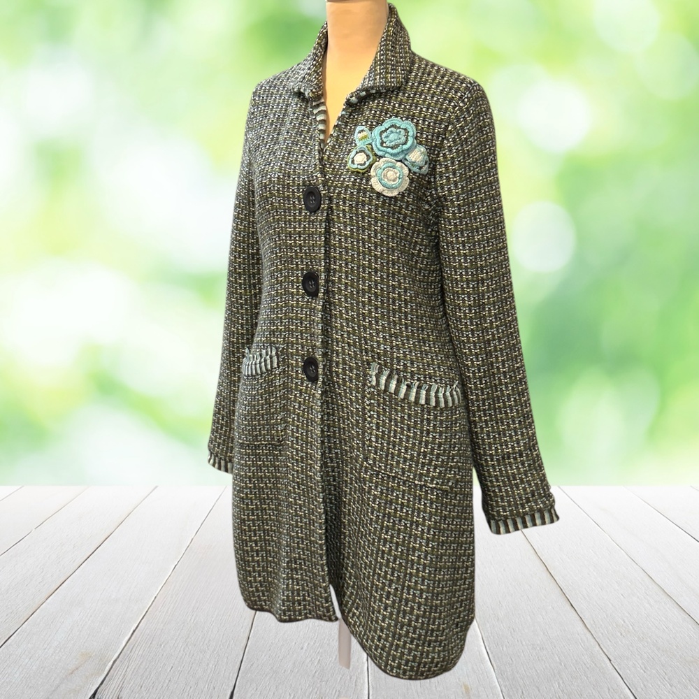 Vintage Y2K SIGRID OLSEN Knit Tweed Coatigan Coat Artwear Crochet Flowers Size S